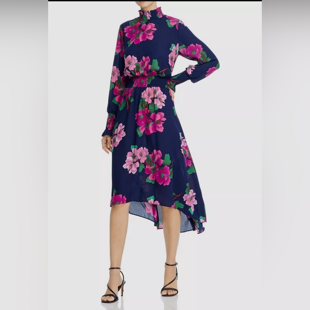 Nanette Lepore Women Blue Floral Print Mock-Neck Smocked Midi Dress Size 4